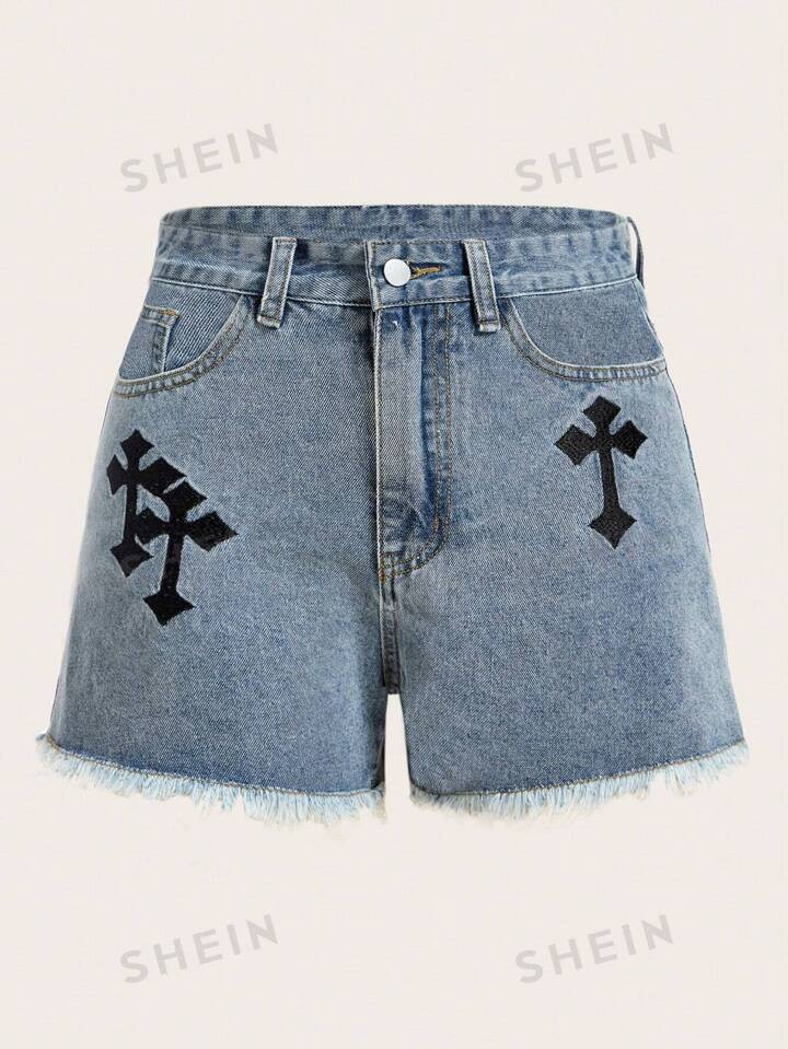 ROMWE Grunge Punk Cross Embroidery Raw Hem Denim Shorts | SHEIN