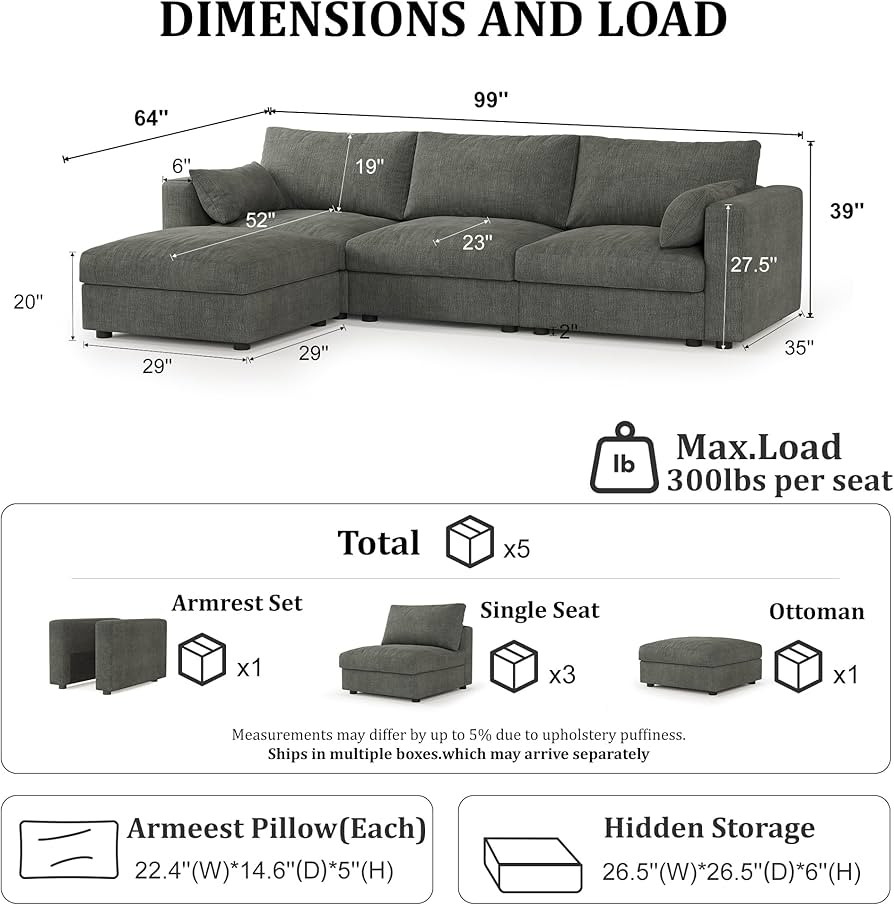 Cloud Modular Sectional Sofa Couch with Storage Ottoman, 99" Oversized Sectional Couches for Livi... | Amazon (US)