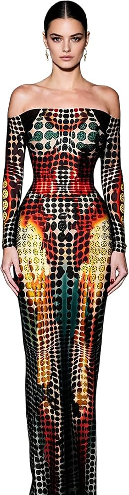 Suillty Women Sexy Off Shoulder Long Sleeve Maxi Dress 3D Body Geometric Printed Color Block Body... | Amazon (US)