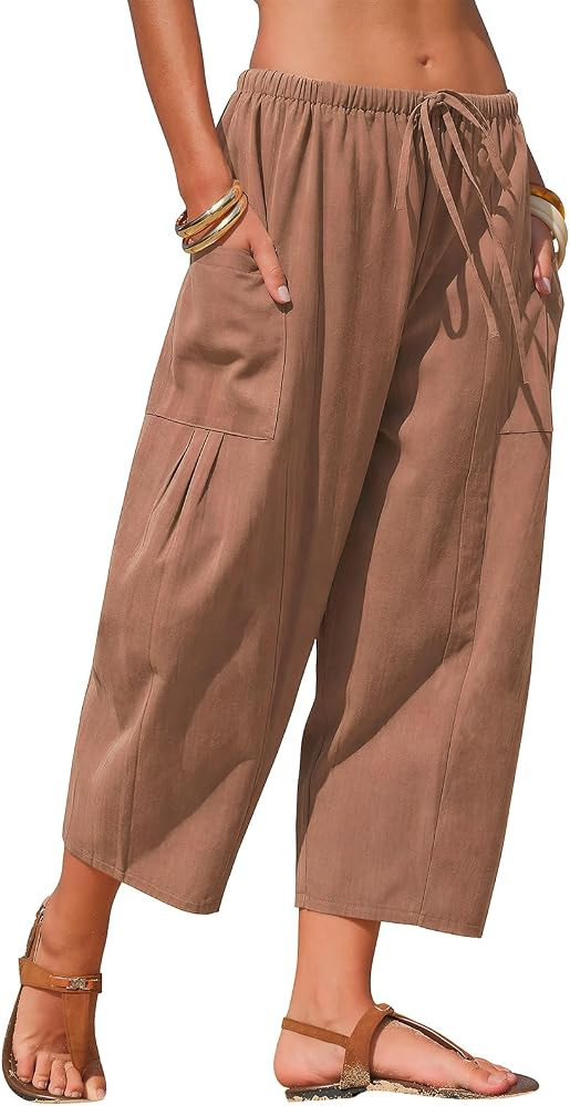EXLURA Womens Faux Linen Gingham Capri Pants Summer Cotton Barrel Pants | Amazon (US)
