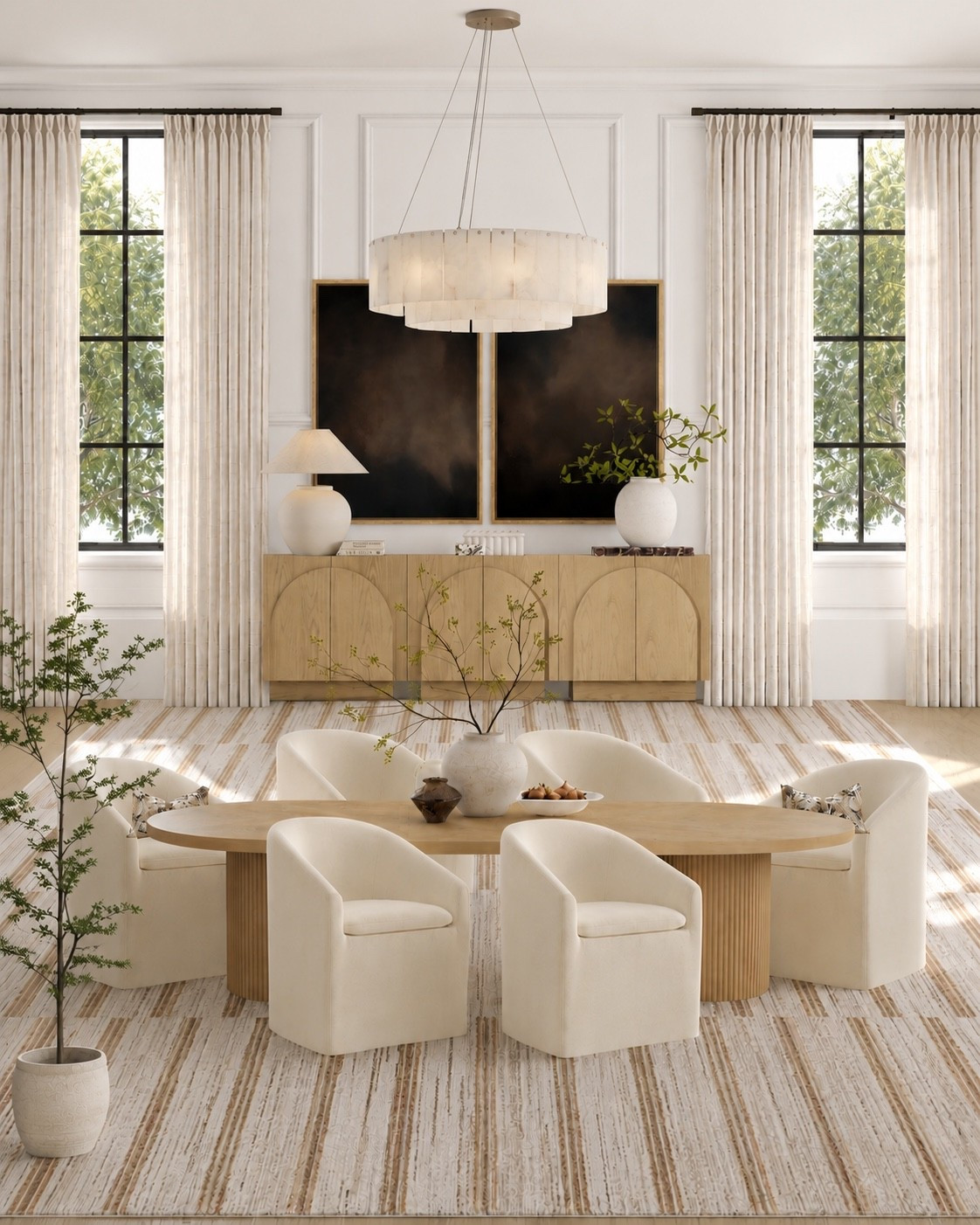 Amazon Prime Day deals! This entire dining room is from Amazon! Neutral aesthetic, organic modern, transitional, minimalist, restoration Hardware style, Pottery Barn look, home decor, transformer extending table, upholstered dining chairs with wheels, alabaster chandelier, sideboard cabinet, Loloi rug, white oak, marble, greenery stems, faux olive tree, curtains, moody, earthy,  wall art

#LTKhome #LTKsale #LTKstyletip