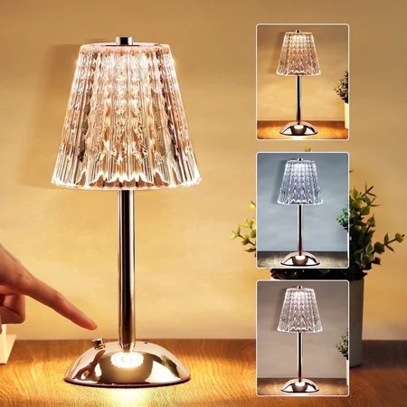 Walchoice Cordless Crystal Table Lamp, 2500mAh Rechargeable Touch Lamp, 3 Colors Dimmable LED Desk Lamp, Portable Night Light for Bedroom Living Room Restaurant Kitchen, Gold | Walmart (US)