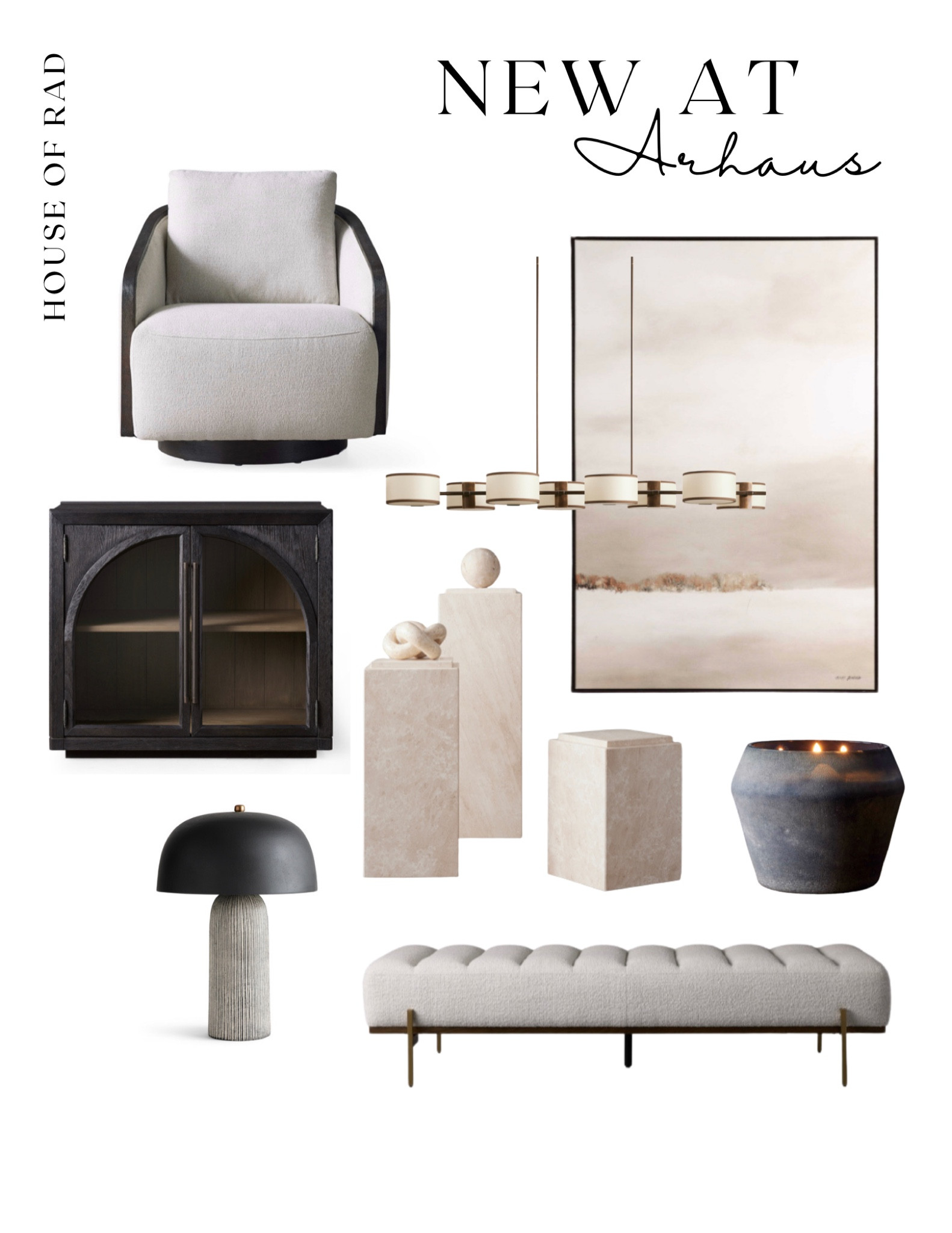 New at Arhaus
Gray swivel chair
Neutral abstract wall art
Jar candle
Marble pedestal
Table lamp
Dark wood media console
Media table
Dark wood storage cabinet
Tufted bench
Upholstered bench
Neutral home decor


#LTKhome
