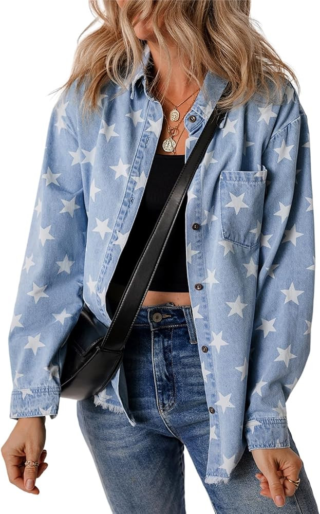 Ecosunny Womens Casual Long Sleeve Button Down Shirt Jacket Star Print Light Wash Raw Hem Denim S... | Amazon (US)