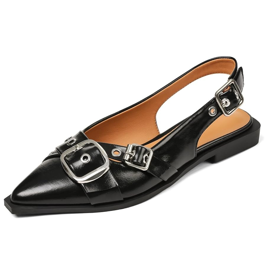Women's Slingback Flats Closed Pointed Toe Low Heel Dress Flat Shoes Buckle Pathent Leather Balle... | Amazon (US)