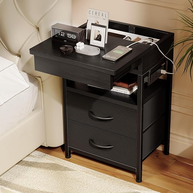 Nightstand Hidden Drawer Charging Table - Night Stand with Charger Station and Sliding Top Storag... | Amazon (US)