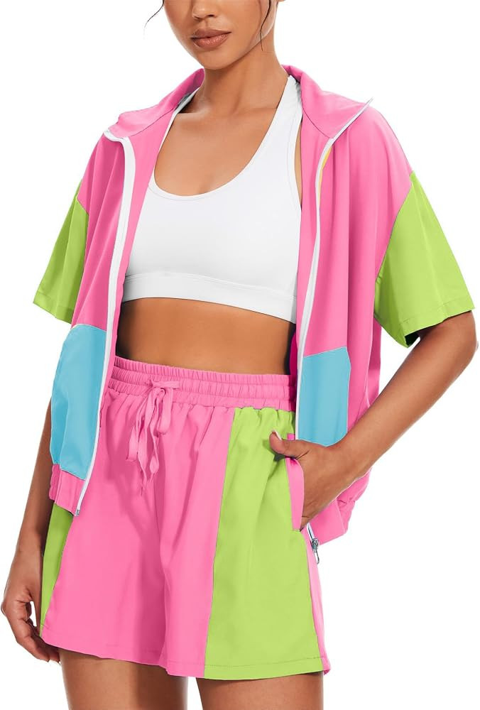 UOUA Women's 80s Color Block Outfits 2 Piece Tracksuit 90s Party Costume Summer Zip Up Windbreake... | Amazon (US)