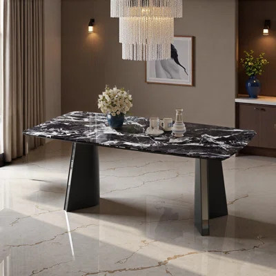 63"Modern Black Marble Dining Table, Rectangular Stone Tabletop with Sculptural Pedestal Base, Luxury Contemporary Dining Table for 4-6, Living& Dinin | Wayfair North America