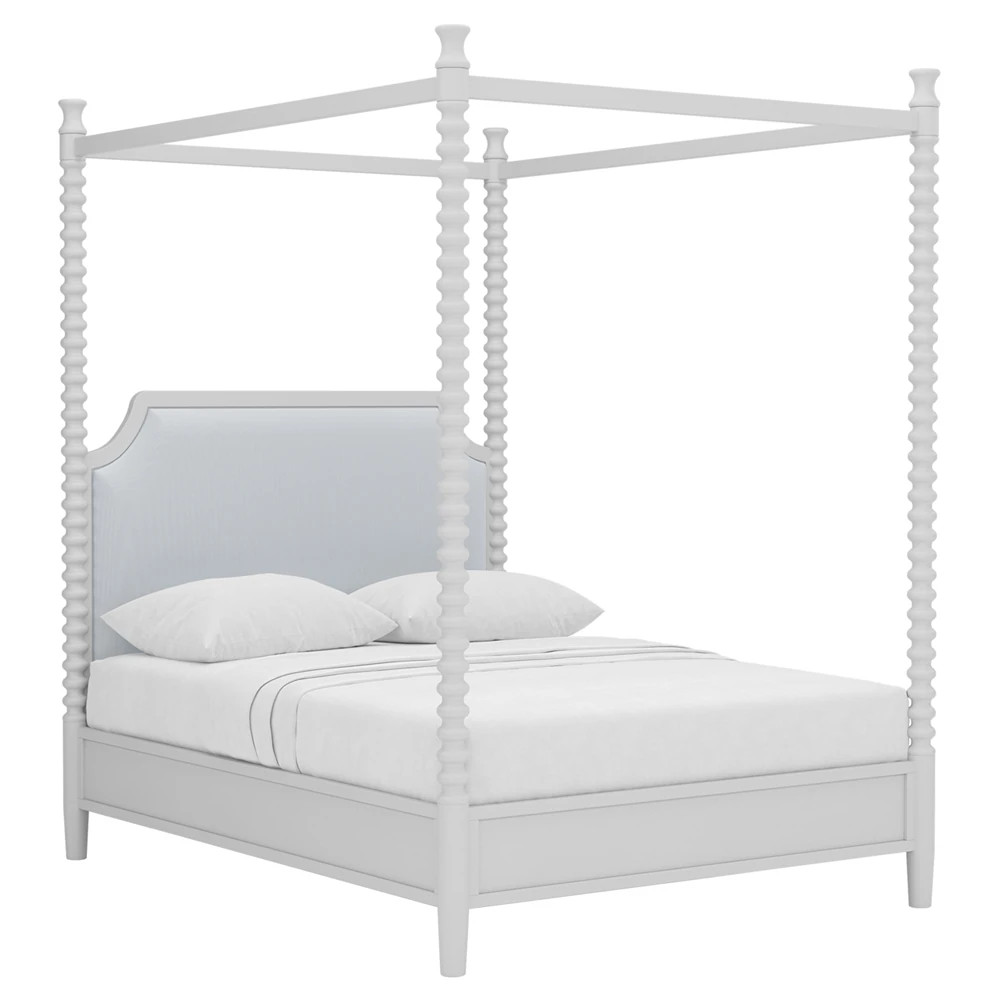 Theodora French Country Grey Sunbrella Interiors Cream Wood Canopy Spindle Bed - Queen | Kathy Kuo Home