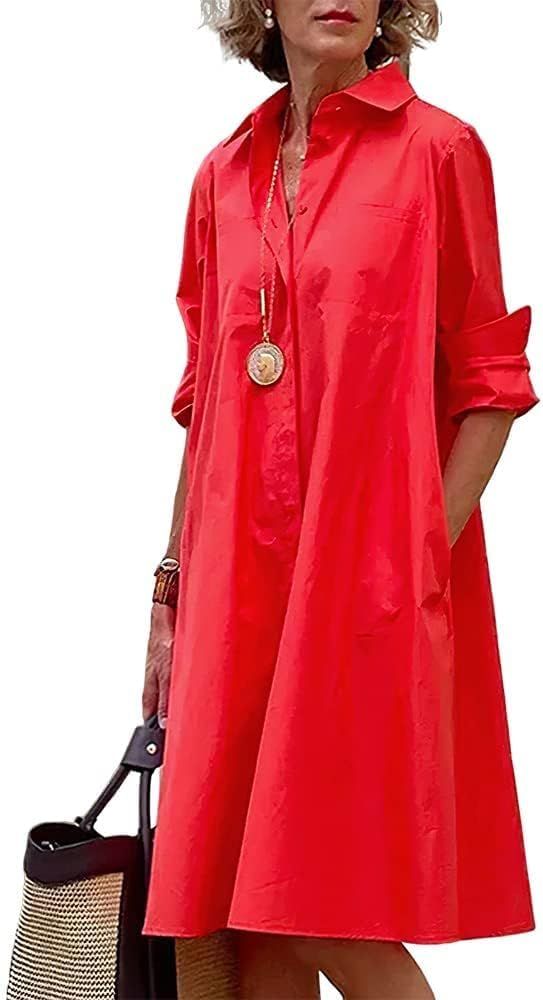 Women's Long Sleeve Button Down Shirt Dress Cotton Linen V Neck Loose Fit Casual Shirt Dresses wi... | Amazon (US)