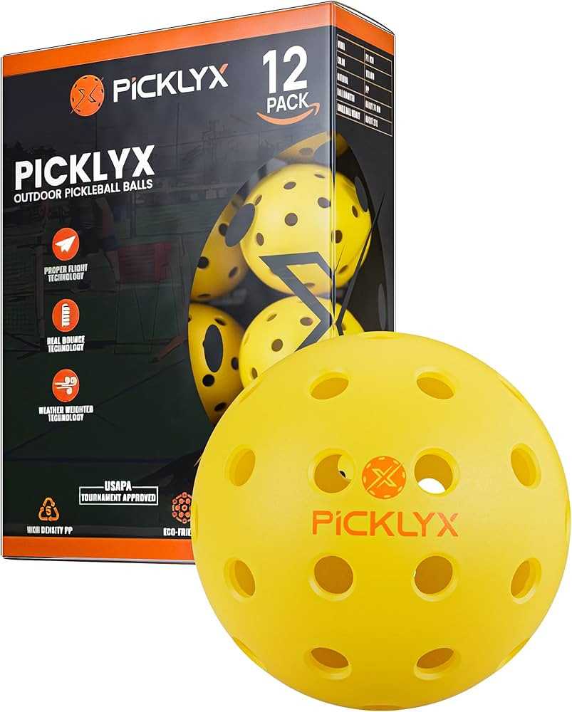 Picklyx 40-Hole Pickleballs for Outdoor Play – 12 Plastic, Ultra-Bright Outdoor Pickleball Ball... | Amazon (US)