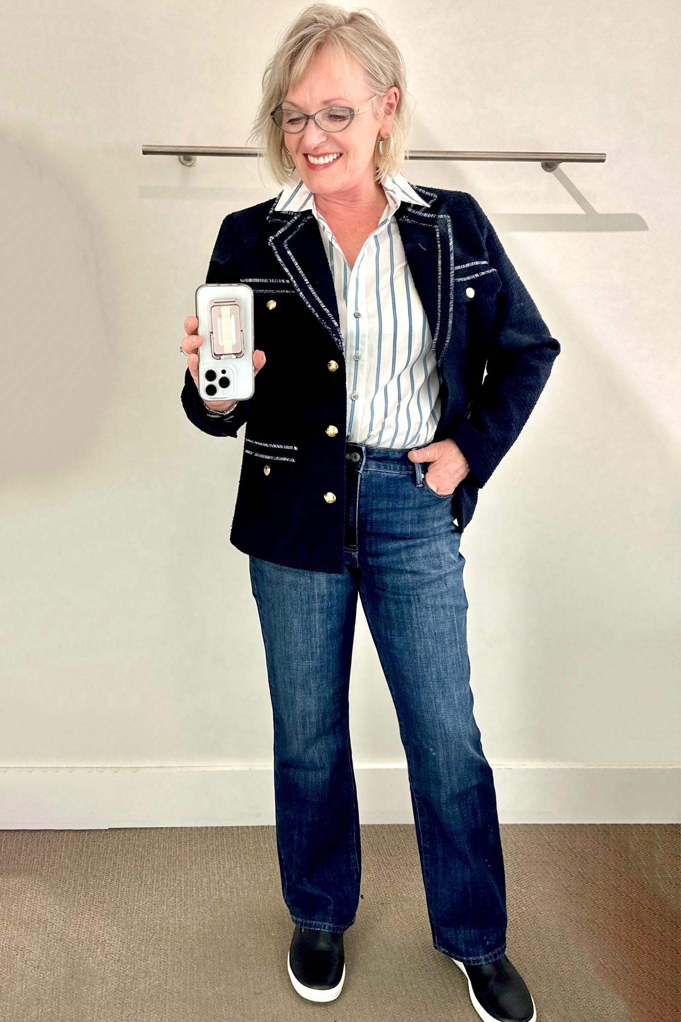 French -inspired tweed jacket from Talbots is currently 25% off. Wearing with striped poplin shirt and barely boot jeans. All run true to size.  
#classicstle #frenchgirlstyle #falloutfit #greatjeans #over50style 

#LTKsalealert #LTKBacktoSchool #LTKSeasonal