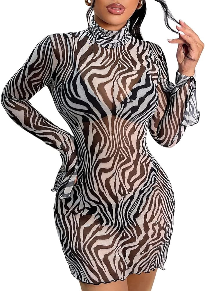 Verdusa Women's See-Through Zebra Print Long Sleeves Sexy Bodycon Dress | Amazon (US)