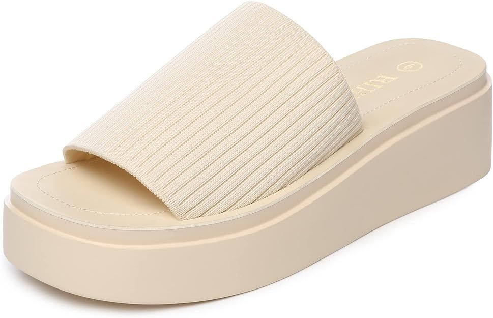 Women's Knit Platform Sandals Comfort Open Toe Slip On Chunky Slides | Amazon (US)