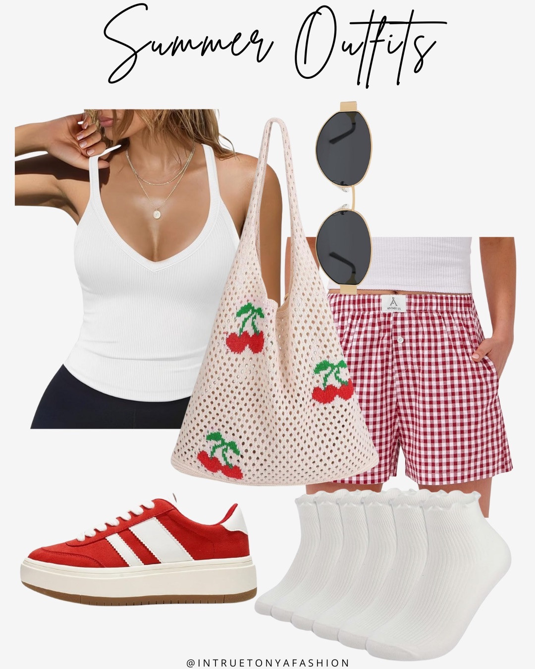 Amazon summer outfit idea — white tank top, gingham plaid shorts, red sneakers, cherry tote bag, and frilly socks





Amazon outfits every outfit inspo, outfit ideas, casual outfits amazon, amazon outfits every day, spring outfits 2026, summer outfits

#LTKSaleAlert #LTKPetite