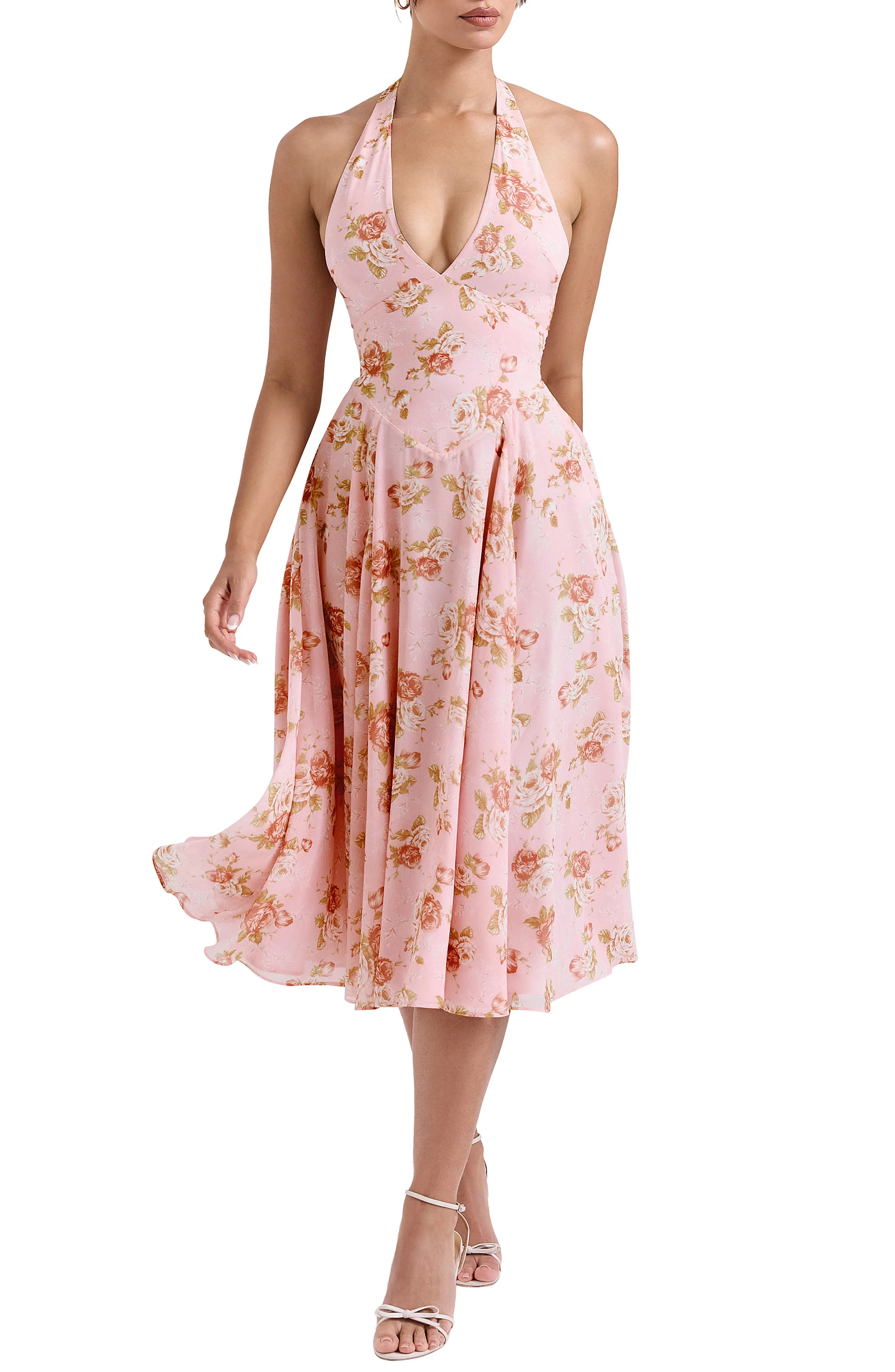 HOUSE OF CB Solada Floral Halter Midi Sundress in Lemon Floral at Nordstrom, Size X-Small A | Nordstrom