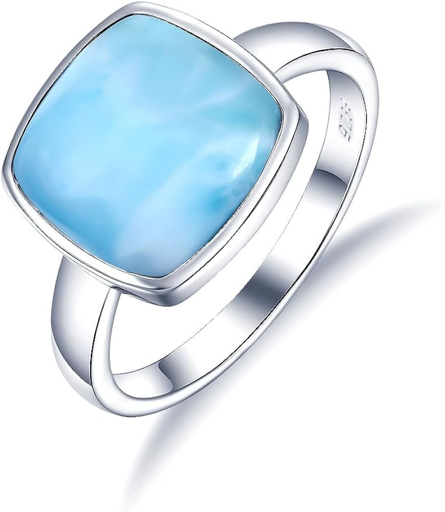 Natural Larimar Ring for Women, 925 Sterling Silver 11x11mm Square Blue Gemstone Engagement Etern... | Amazon (US)
