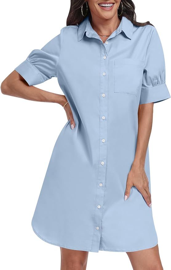 ANRABESS Womens Button Down Shirt Dress with Pockets Short Sleeve Loose Business Casual Summer Be... | Amazon (US)