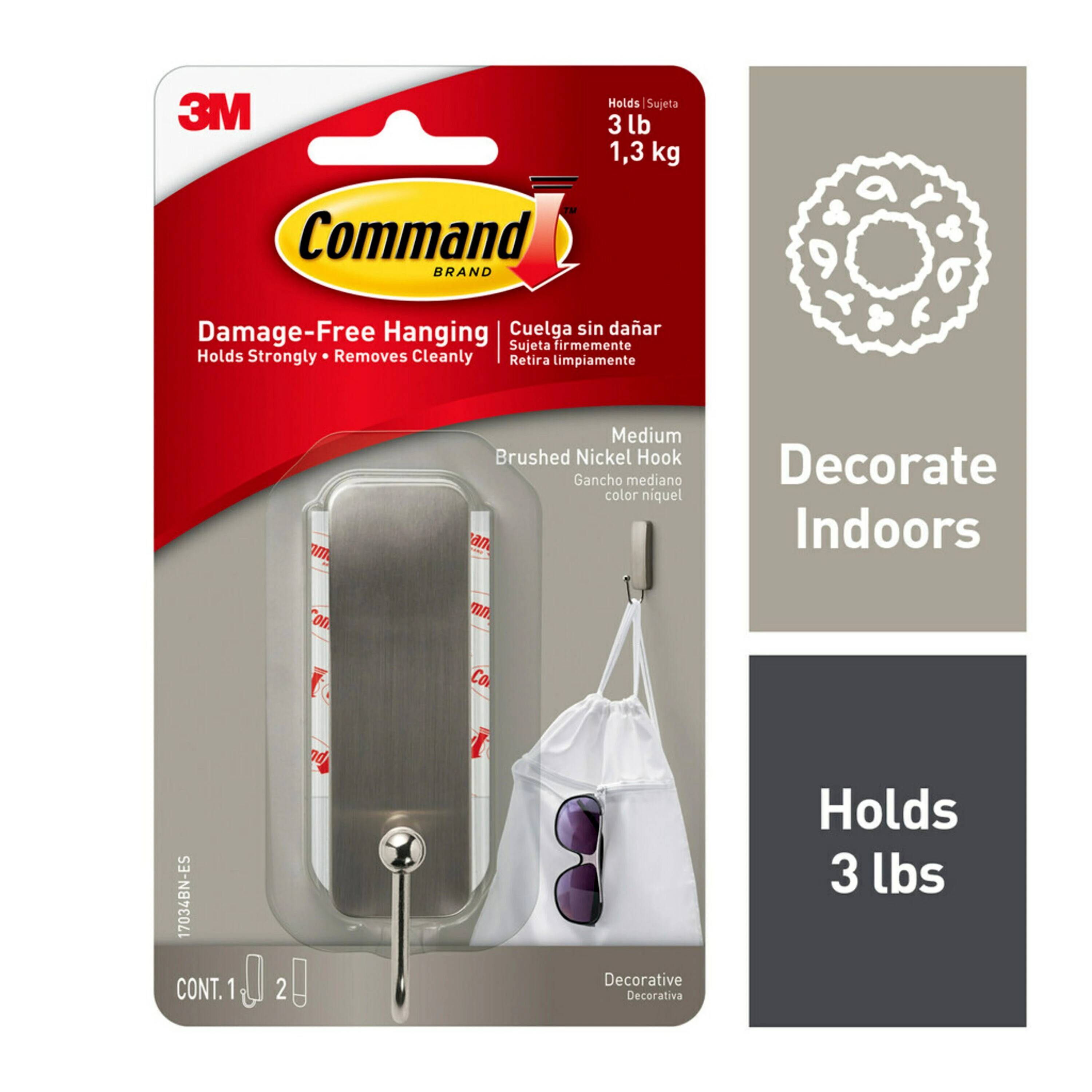 Command Medium Decorative Brushed Nickel Adhesive Storage/Utility hook ( 3-lb Capacity) | 17034BN-ES | Lowe's