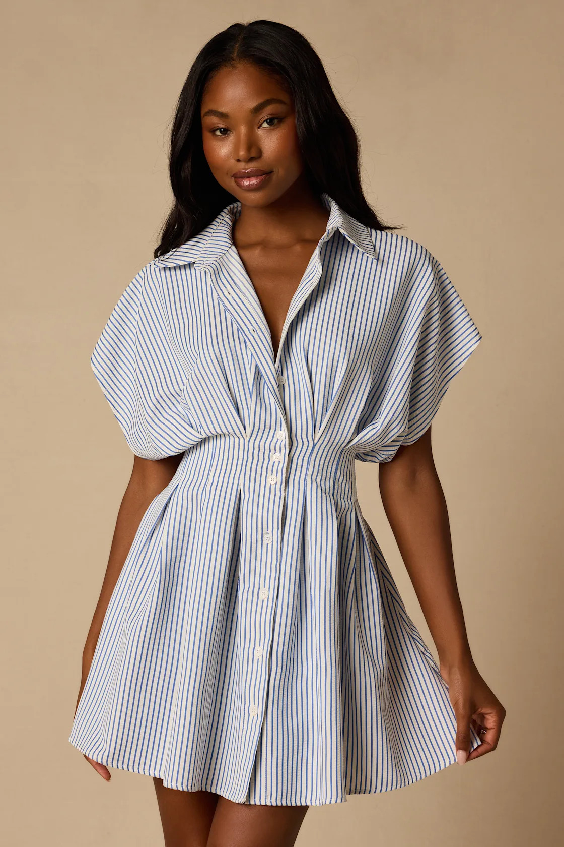 Lisha Blue and Ivory Striped Collared Mini Dress | Lulus