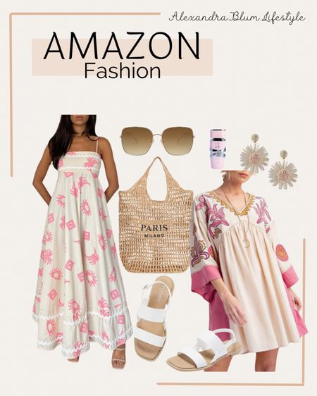 Cute white and pink maxi dress and short long sleeve boho dress! Straw tote bag, white strap sandals! Cute vacation outfit! Summer outfit idea! Church outfit! Beach outfit! Honeymoon outfit! Date night outfit! Amazon fashion! Amazon finds! Amazon trends! 

#LTKFindsUnder50 #LTKTravel #LTKStyleTip