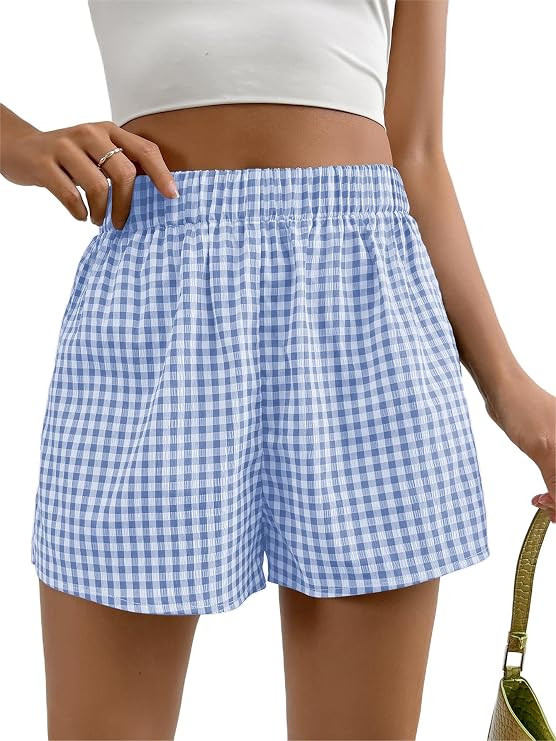 SOLY HUX Women's Y2K Boxer Shorts Elastic High Waisted Summer Gingham Shorts Beach Bottoms | Amazon (US)