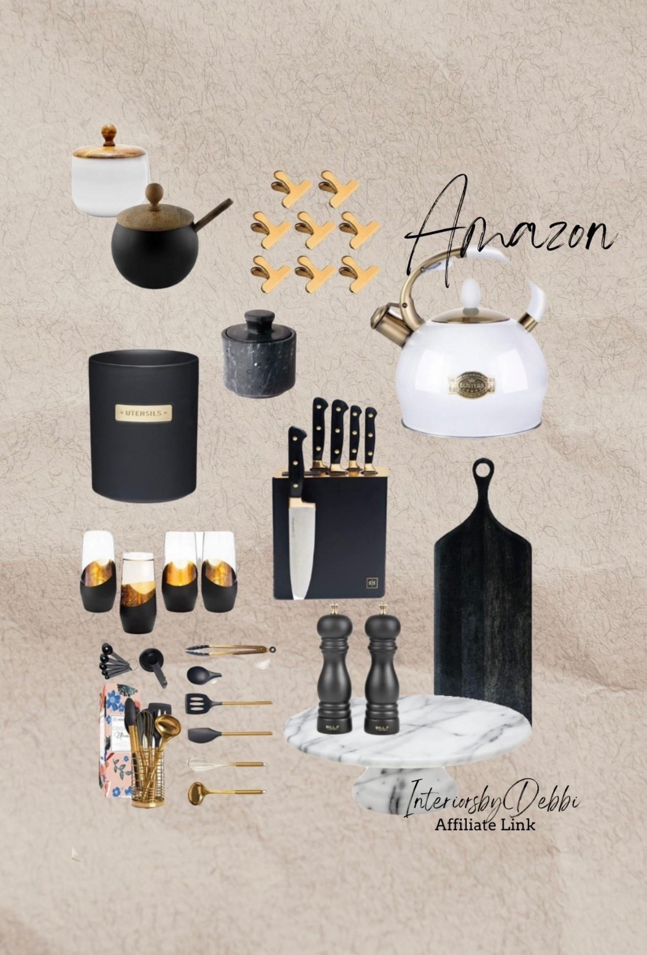 Amazon Kitchen Needs
salt and pepper lidded pinch pots, gold bag clips, white and gold teapot, black utensil holder, black knife set with block, gold accent drinking glasses, gold kitchen utensil set, black cutting board, black salt and pepper mills, marble cake stand #founditonamazon 

#LTKSeasonal #LTKHome