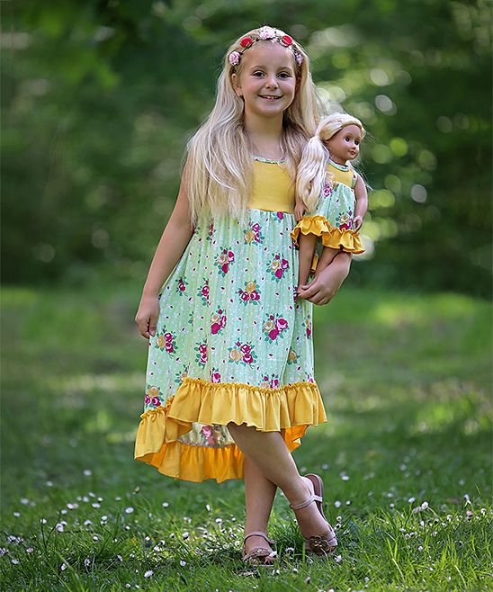 Yellow & Green Floral Sleeveless Hi-Low Dress & Doll Dress - Girls | Zulily