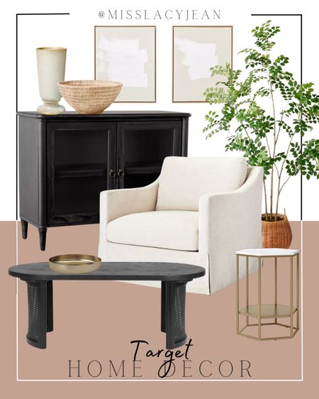 Target home decor includes black coffee table, gold accent bowl, side table, accent chair, faux tree, small black cabinet, decorative bowl, vase, wall art.

Home decor, Target finds, neutral home decor, home accents

#LTKhome #LTKstyletip #LTKfindsunder100
