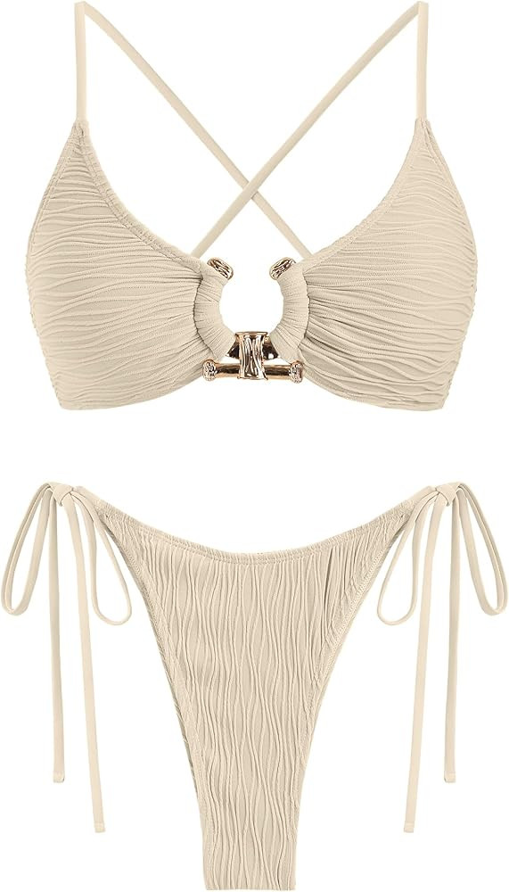 ZAFUL Women's Bikini Sets Ribbed Metal O Ring Criss Cross Two Piece Swimsuit Cheeky High Cut Side... | Amazon (CA)