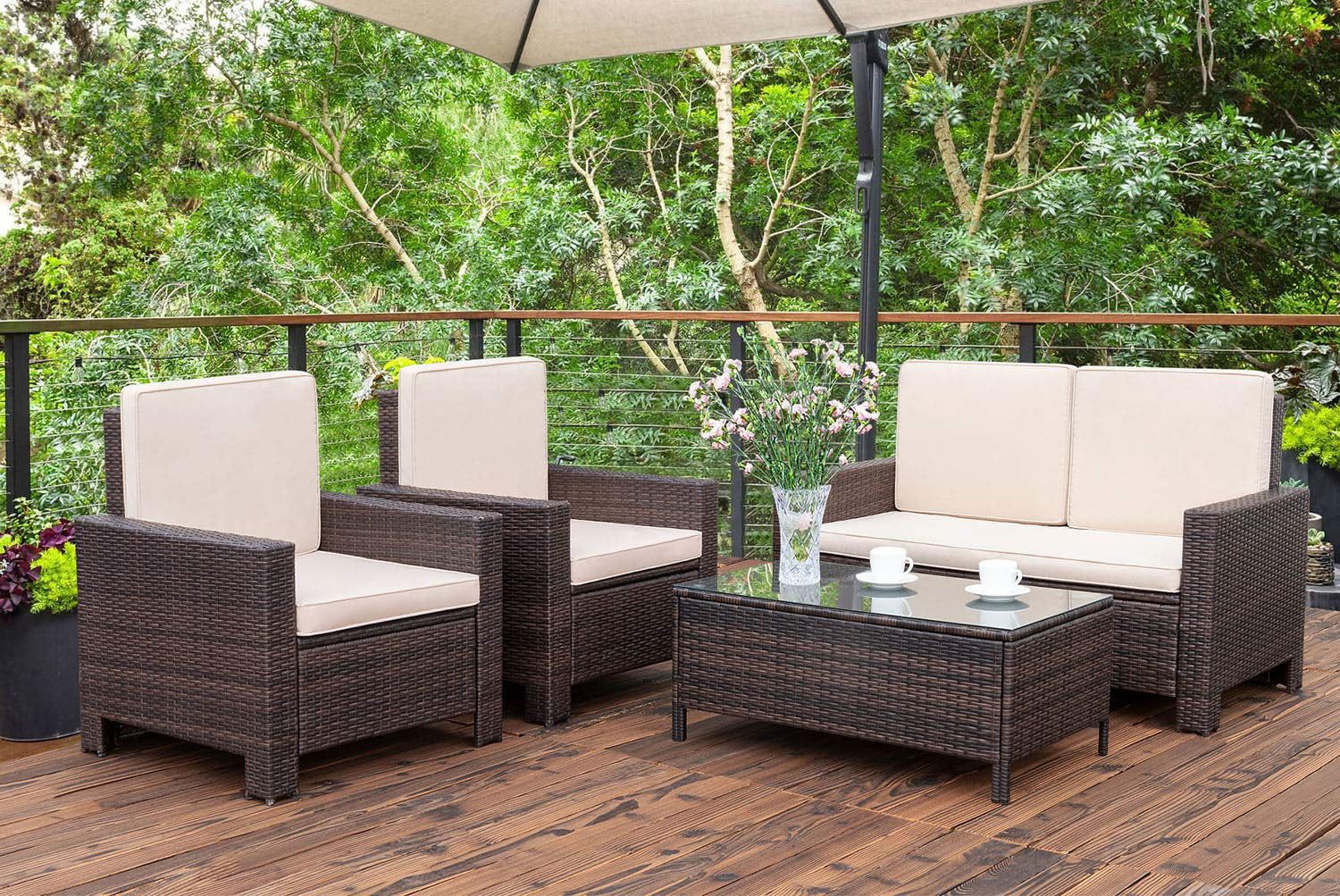 Walnew 4 Pieces Patio Furniture Sets Rattan Chair Wicker Conversation Sofa Set Outdoor Backyard P... | Walmart (US)
