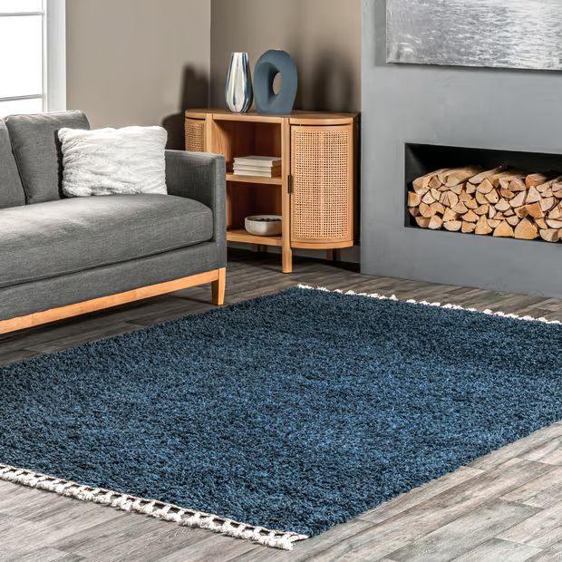 Blue Solid Shag With Tassels Area Rug | Rugs USA