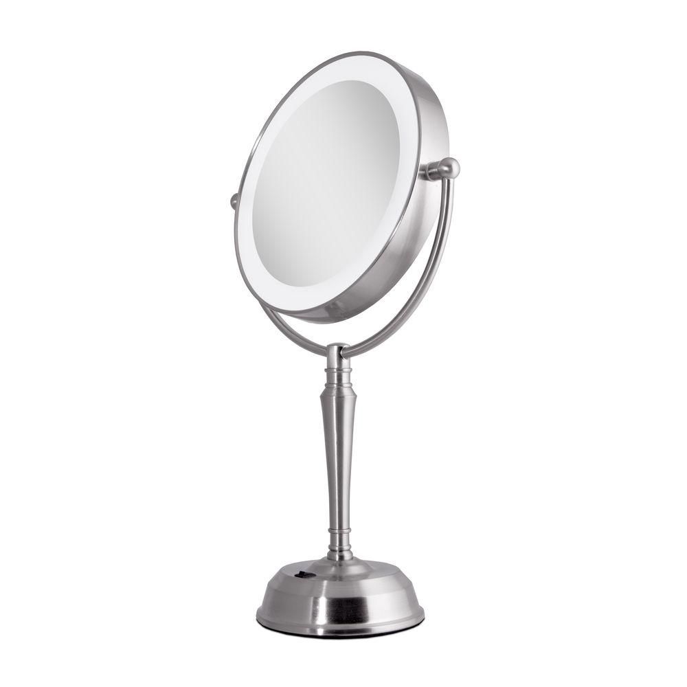 Zadro 11 in. x 19 in. LED Lighted 10X/1X Vanity Makeup Mirror with USB Port in Satin Nickel | The Home Depot