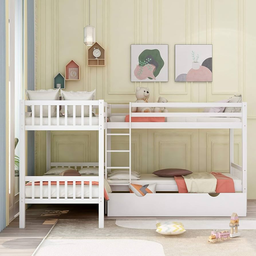 Harper & Bright Designs Twin Over Twin Bunk Bed for Kids, L-Shaped 4 Beds Bunk Bed Frame with Dra... | Amazon (US)