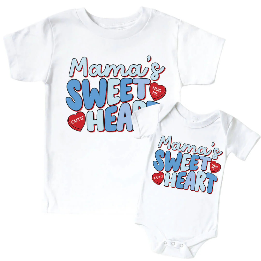 Mama's Sweetheart Blue Graphic Bodysuit & Kids Tee | White | Caden Lane