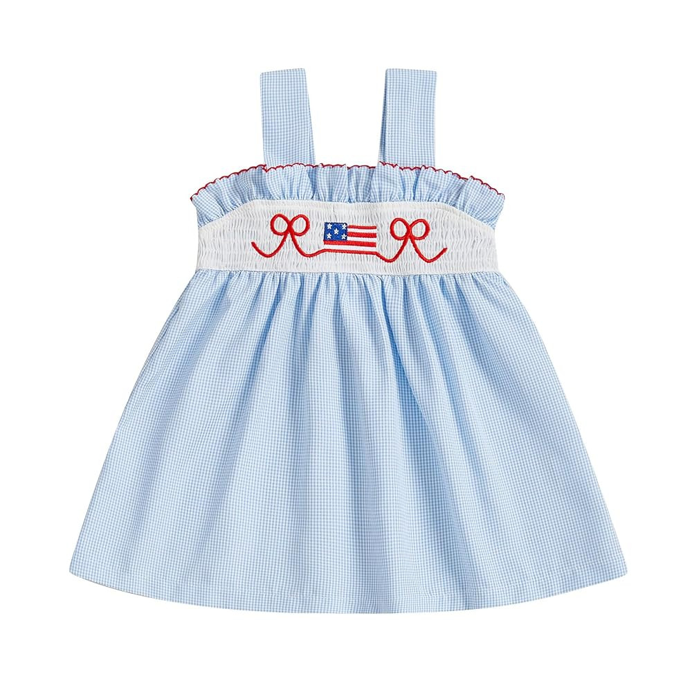 Toddler Baby Girl 4th of July Outfit American Flag Bow Smocked Dress Plaid Ruffle A-Line Dress Pa... | Amazon (US)