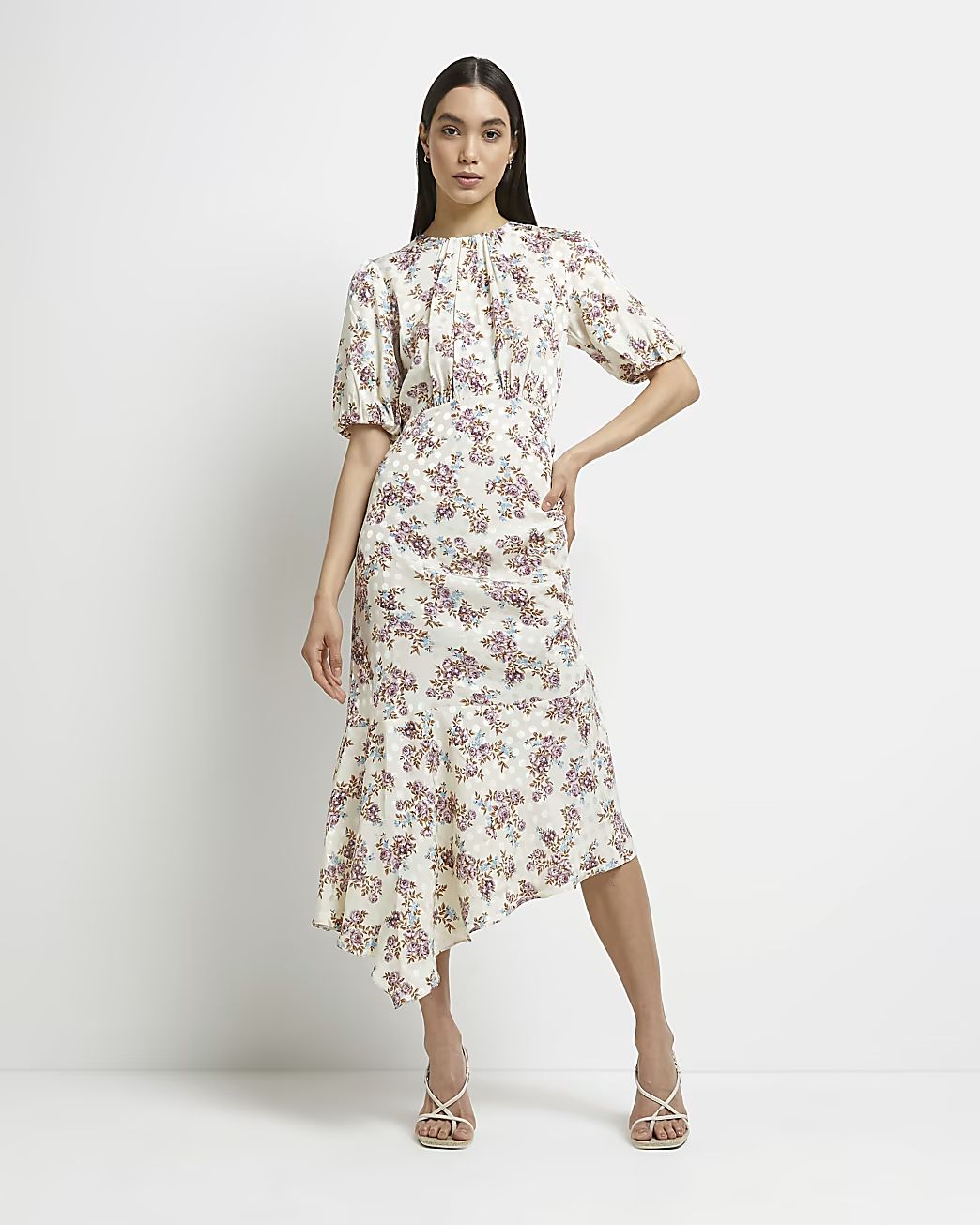 Cream floral asymmetric midi dress | River Island (UK & IE)