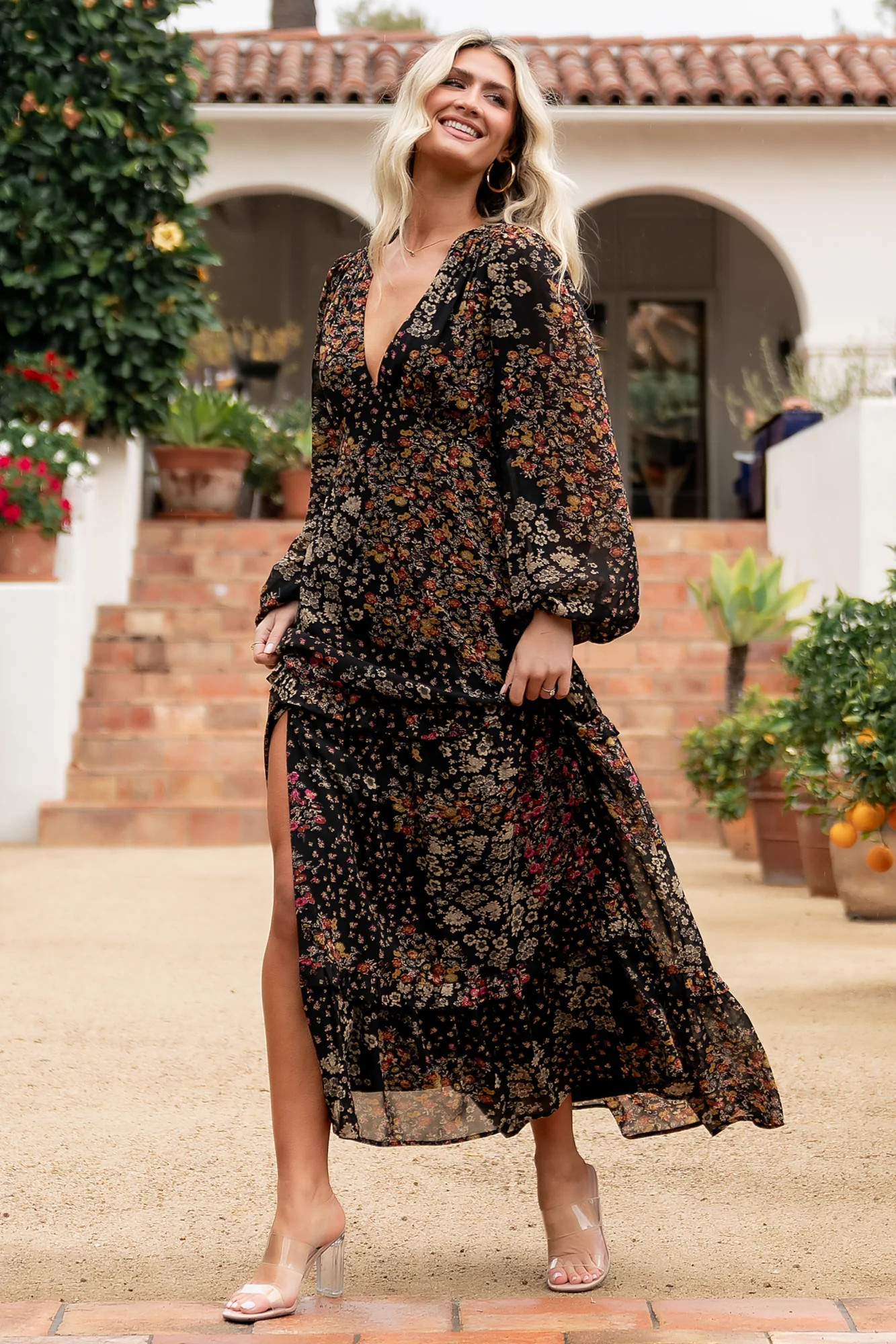 Bowman Deep V Maxi Dress | Black Multi | Baltic Born