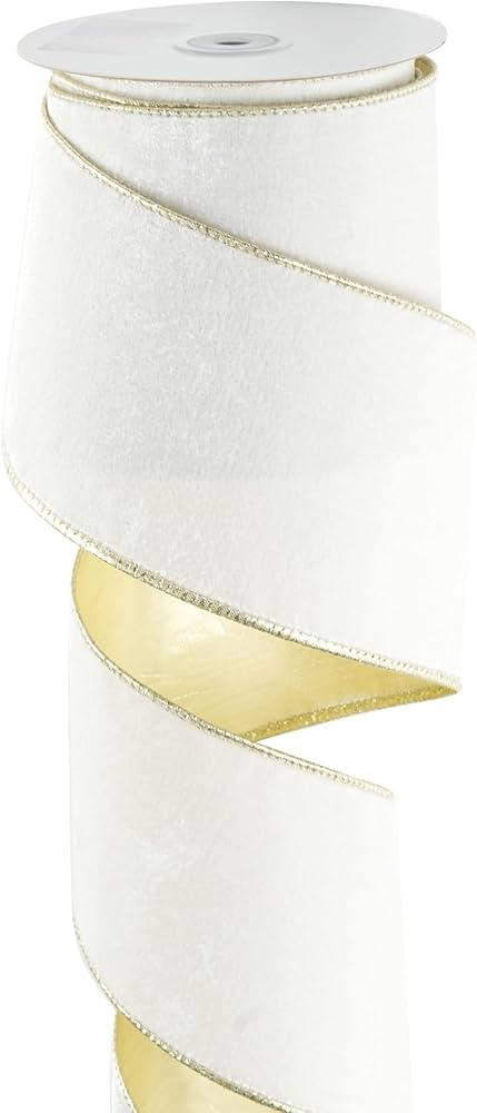 White Velvet Ribbon - 4 Inch x 10 Yards, Gold Backside, Wired for Christmas Tree Decorations, Lar... | Amazon (US)