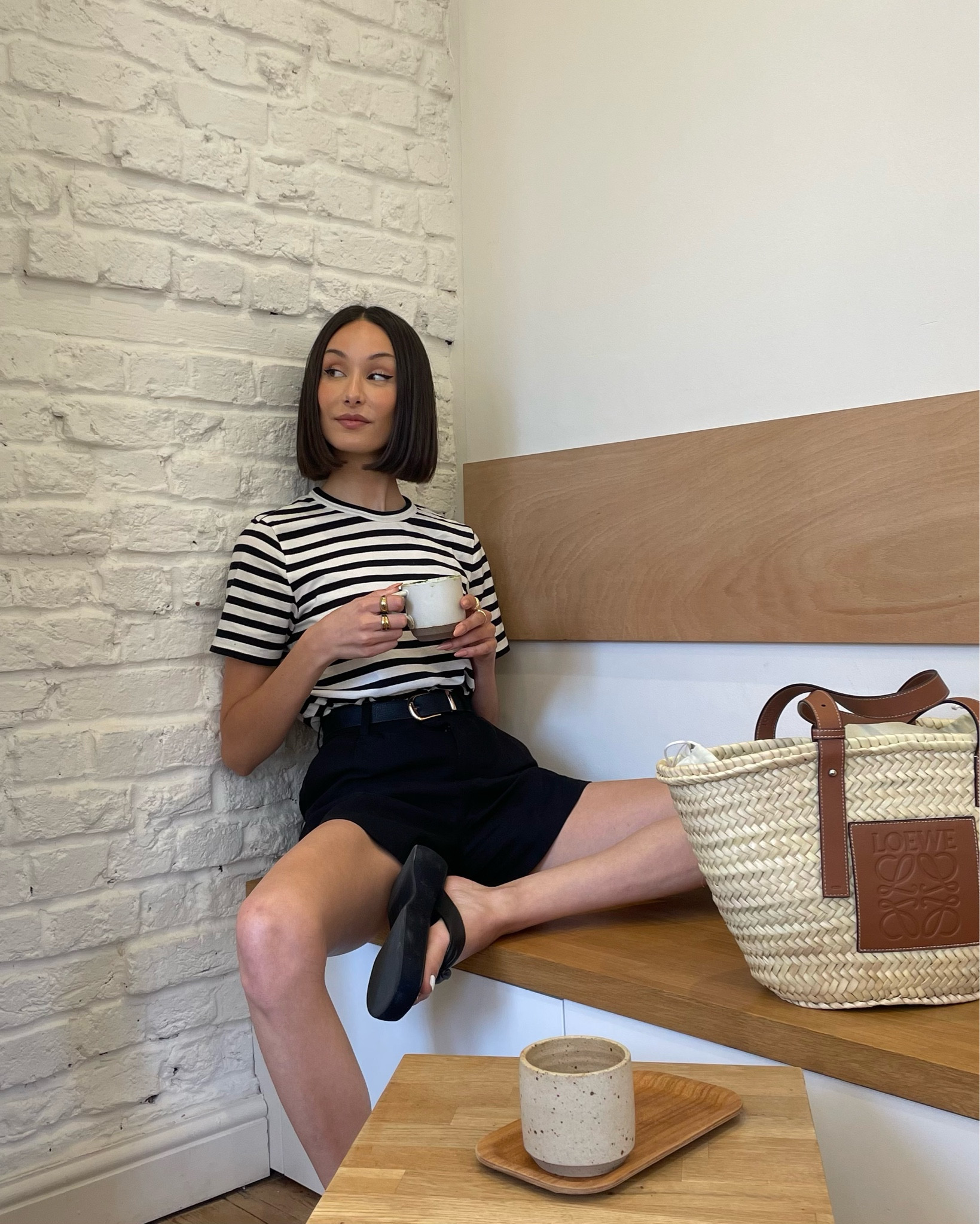 Stripe tee, summer t-shirt, Loewe straw bag, straw bag, summer shorts, summer outfit, brunch outfit, leather flip flops, flat form sandals, karen millen, COS, whistles, coffee outfit, minimal outfit

#LTKSeasonal #LTKeurope #LTKstyletip