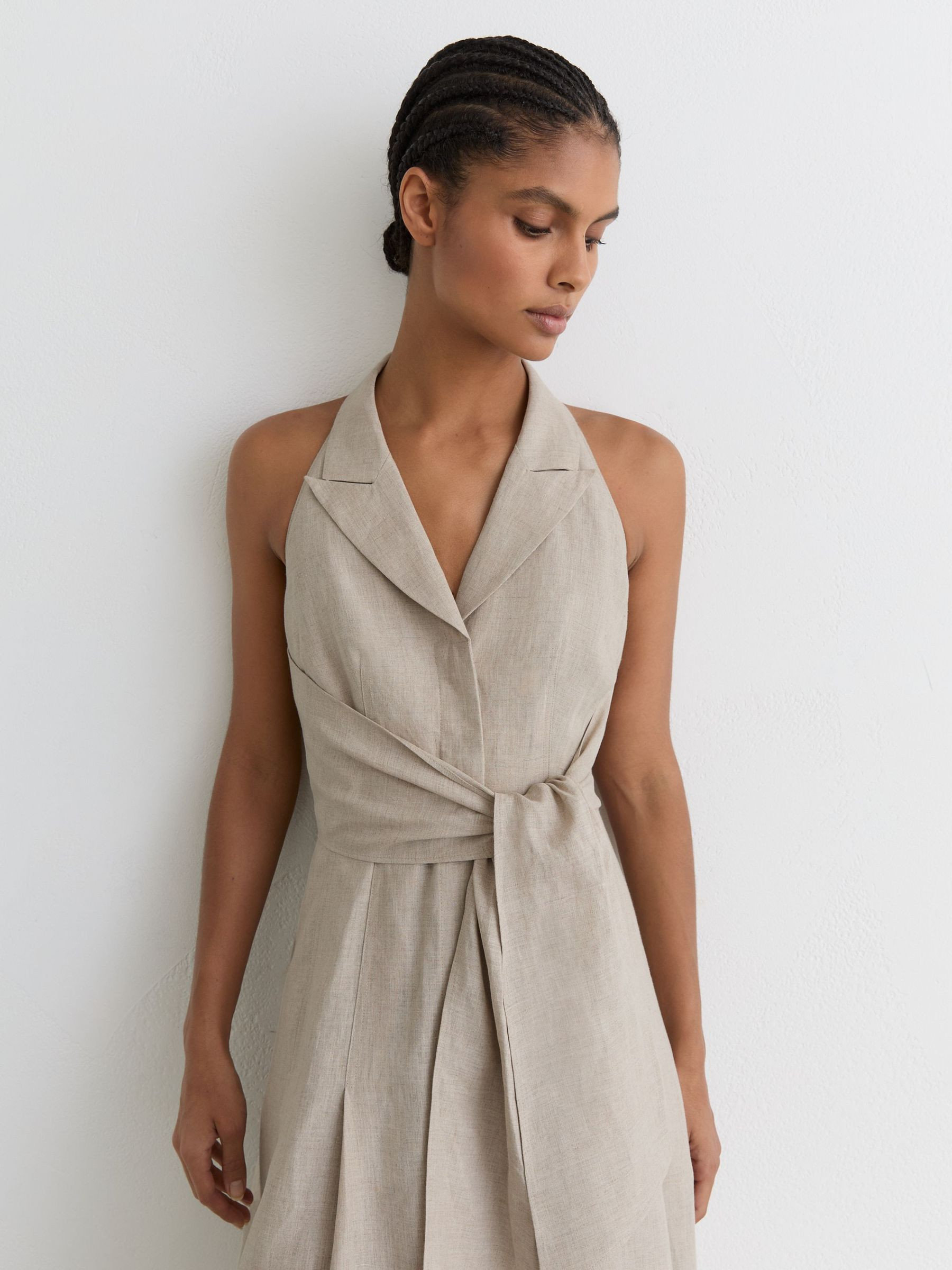 Linen Tie-Waist Tailored Midi Dress in Neutral | Reiss UK