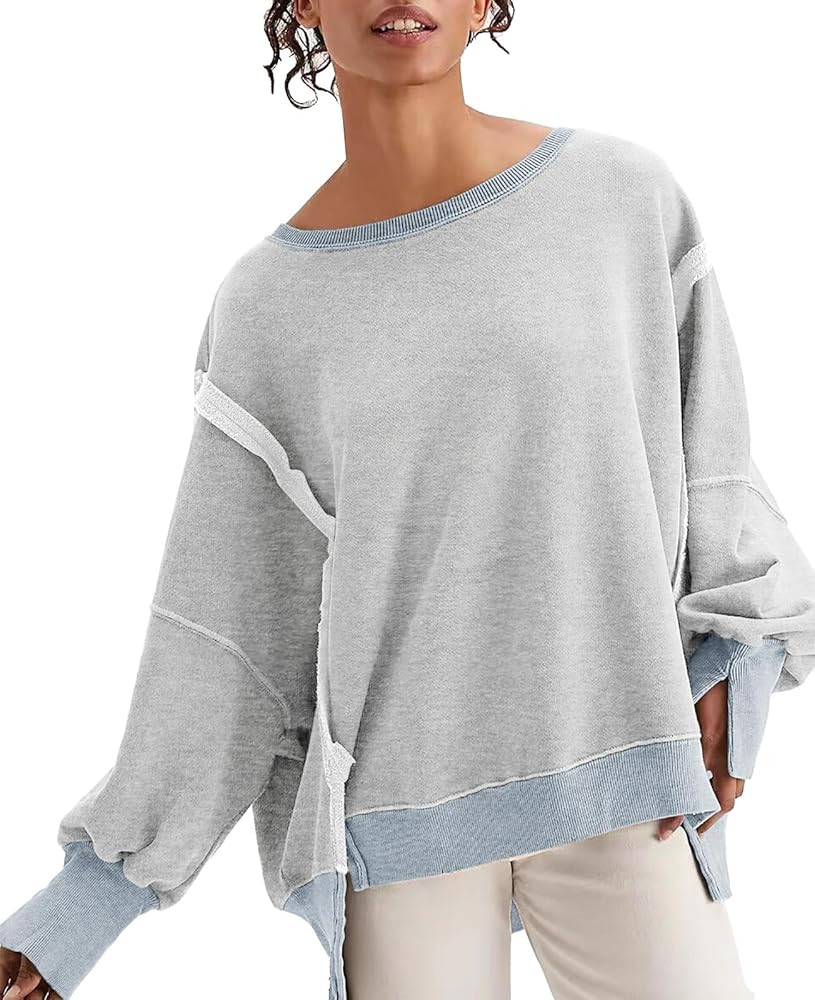 GUNEST Womens Oversized Sweatshirts Crew Neck Long Sleeve Hoodies Casual Slit Sloucthy 2023 Trend... | Amazon (US)