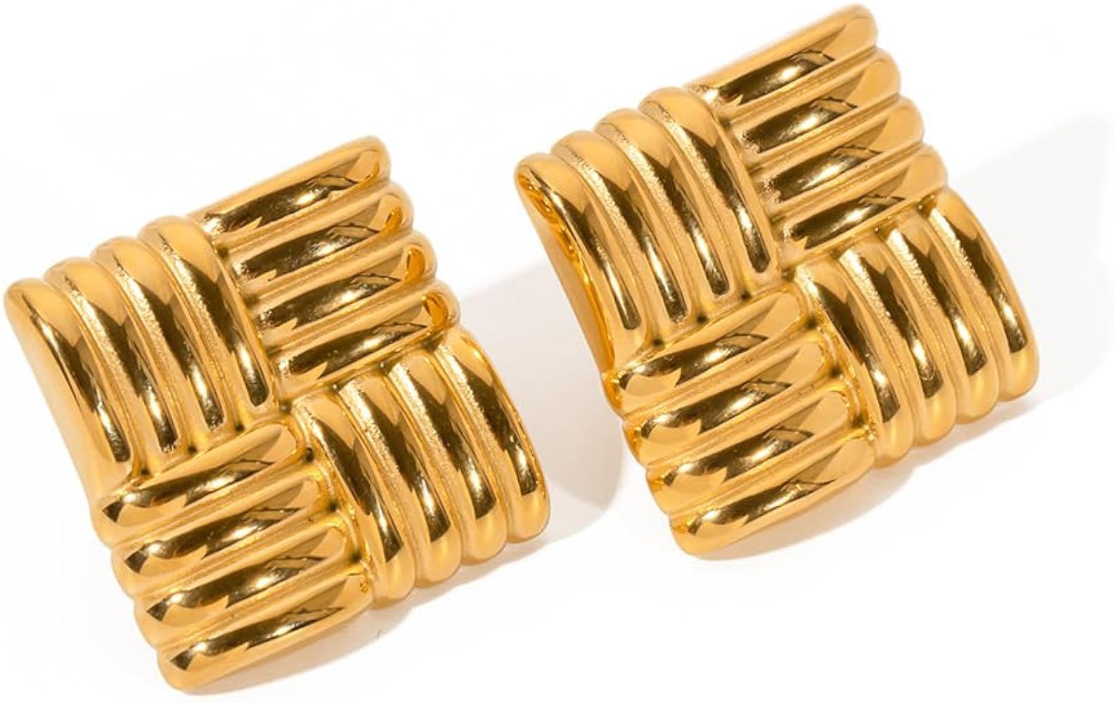 Vintage Gold Earrings Chunky 18K Gold Earrings Stainless Steel Geometric Earrings for Women, Squa... | Amazon (US)