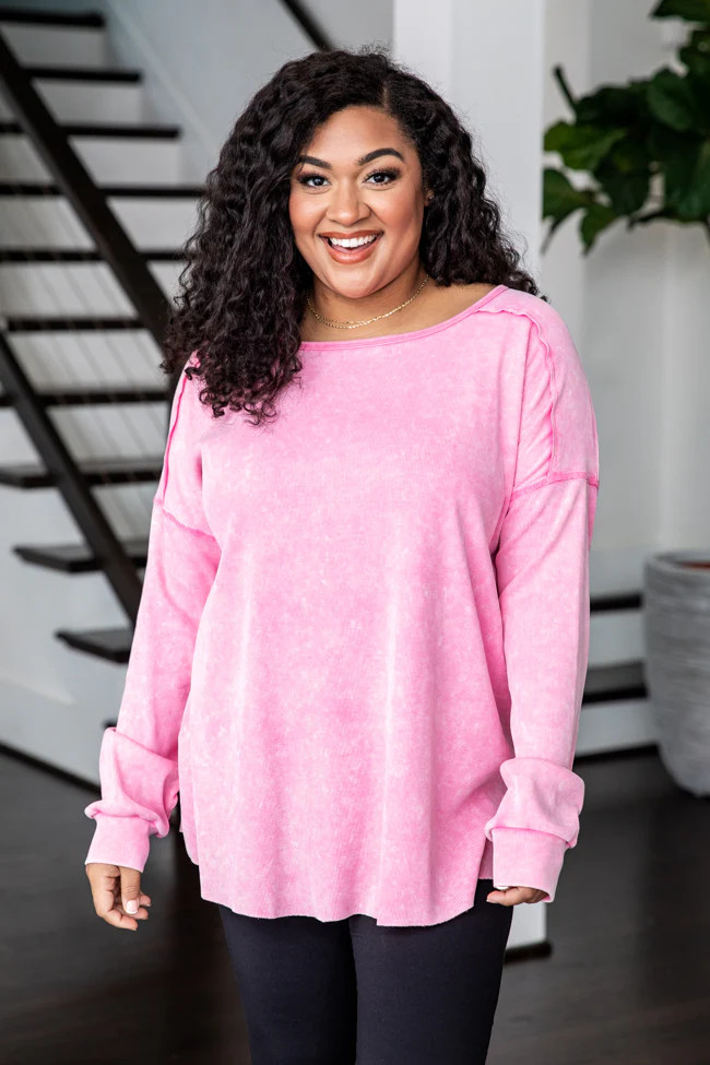 At The Top Pink Acid Wash Oversized Pullover | Pink Lily