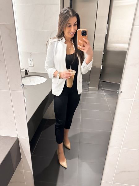 Wednesday ootd 🤍 we made it halfway through the week! This blazer has been a staple of mine for years now and it’s still available below! Love how soft and relaxed it is and has a fun print on the inside 💕 

Work outfit, wear to work, office look, petite work pants, petite trousers, petite officewear, petite blazer, work capsule wardrobe, smart casual, business casual, 9-5 outfit, laptop tote, what’s in my bag, white blazer, comfortable work heels, work shoes, layered necklace, amazon find

#LTKworkwear #LTKfindsunder100 #LTKstyletip