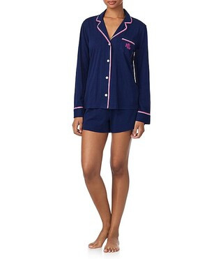 Solid Textured Knit Long Sleeve Notch Collar Shorty Pajama Set | Dillard's