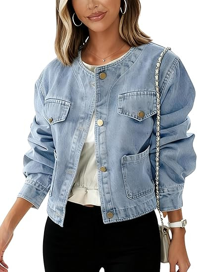 Omoone Jean Jacket Women Denim Jacket for Women Collarless Cropped Long Sleeve Button Down Jean T... | Amazon (US)