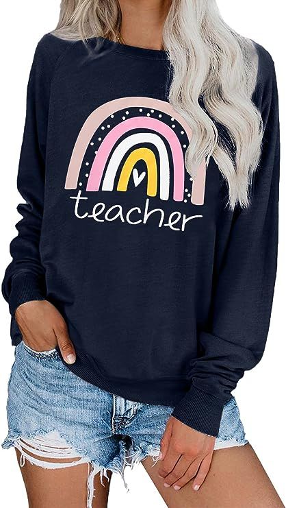 Rainbow Teacher T-Shirt Women Teacher Love Heart Cute Graphic Inspirational Casual Tops Shirt | Amazon (US)