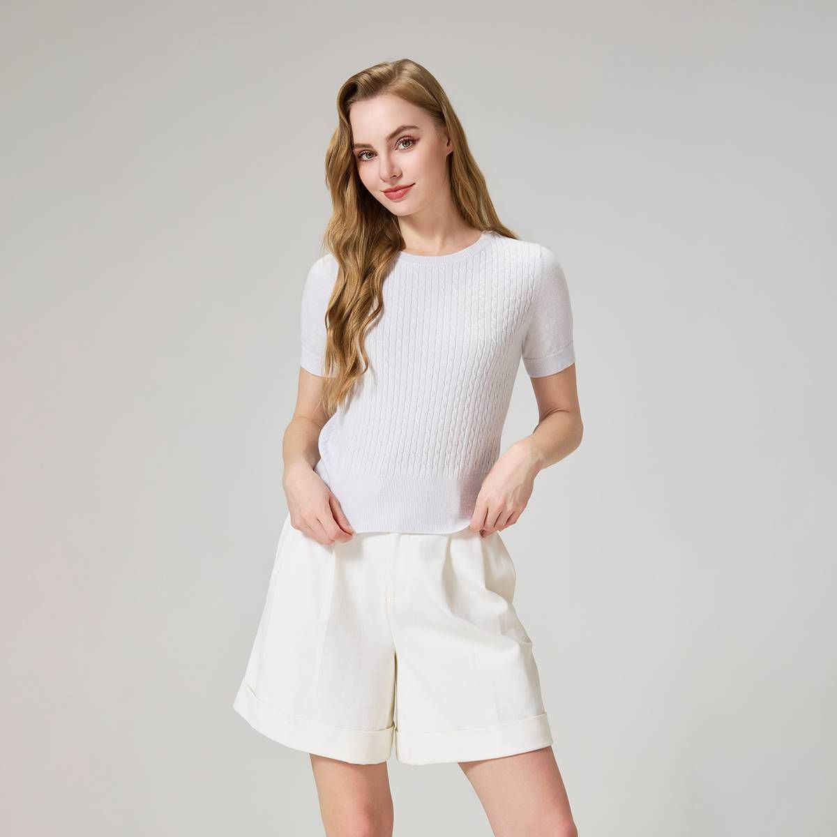 Women's Short Sleeve Cable Crewneck Sweater - A New Day™ Pearl S | Target