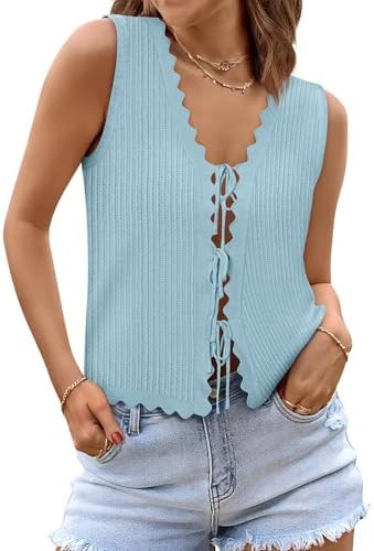 Womens Tie Front Tops Trendy 2026 Summer V Neck Sleeveless Sweater Vests Fashion Cute Crochet Kni... | Amazon (US)